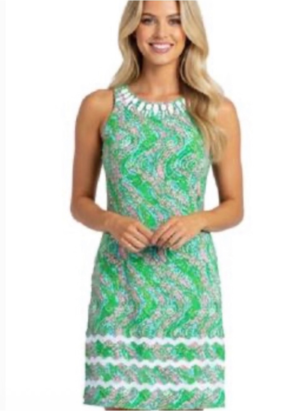 💕Lilly Pulitzer Green and Pink Pearl Chomp Printed Sleeveless Shift Dress
